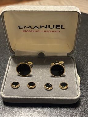 Emanuel Ungaro Black and Gold Round Cufflinks with Matching Studs